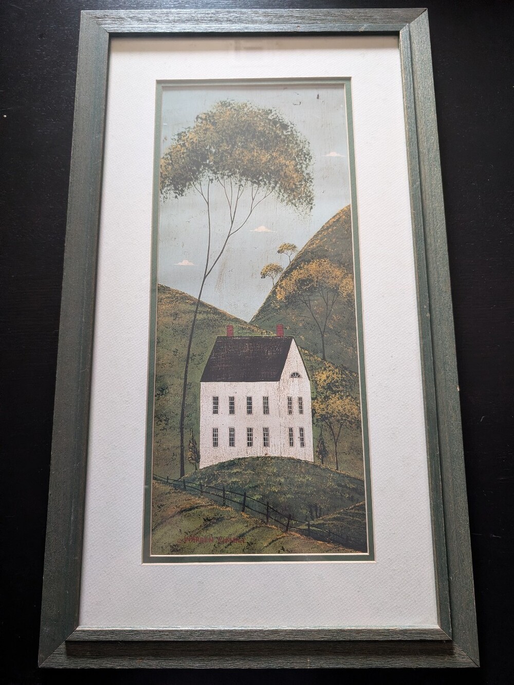 Warren Kimble Folk Art House in Hills Primitive Landscape  Framed Print. White